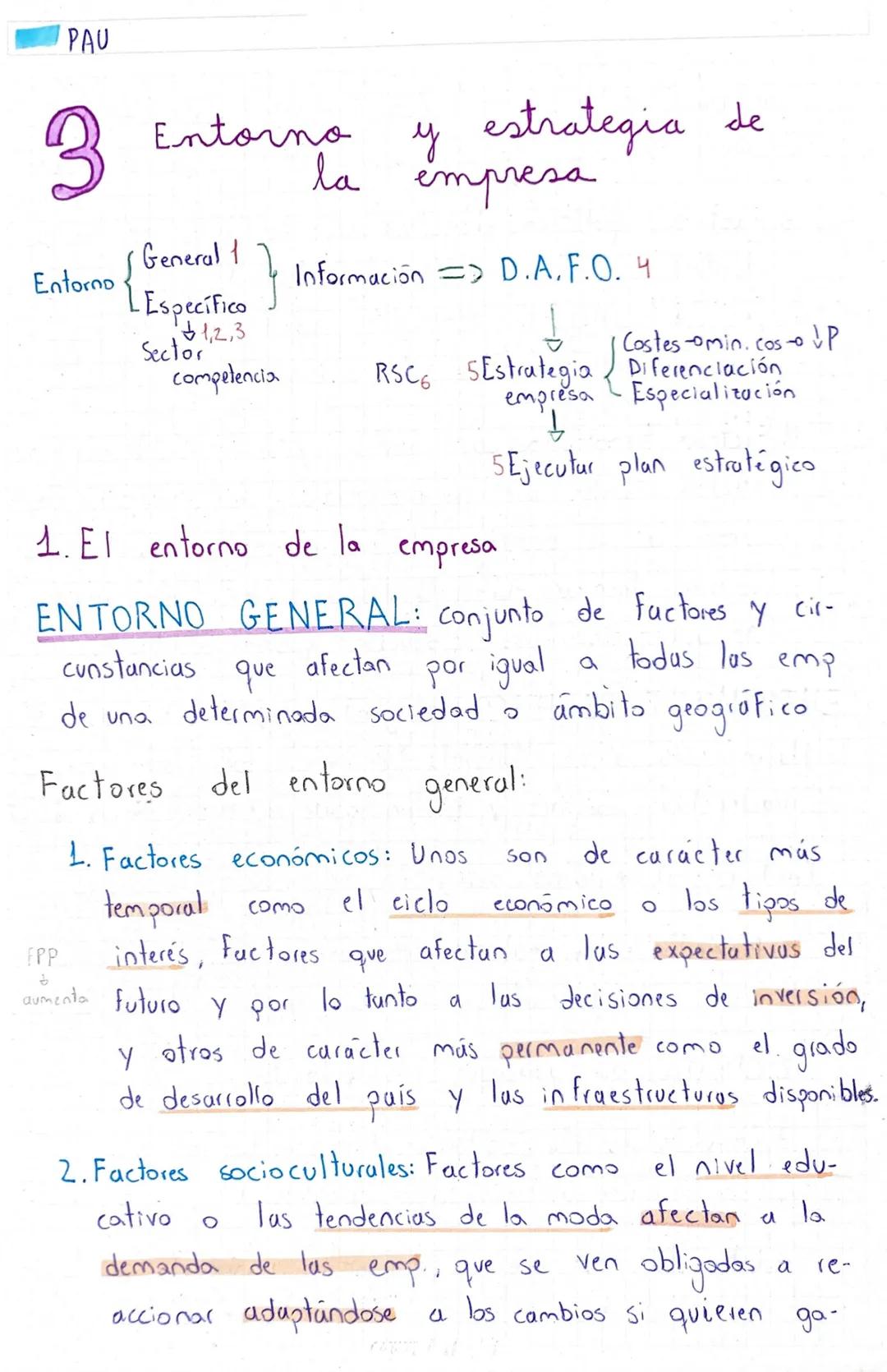 PAU
3 Entorno y estrategia de
la empresa
Entorno
General 1
{}
Específico
1,2,3
Sector
competencia
}
1. Factores
temporali
interés,
Informaci