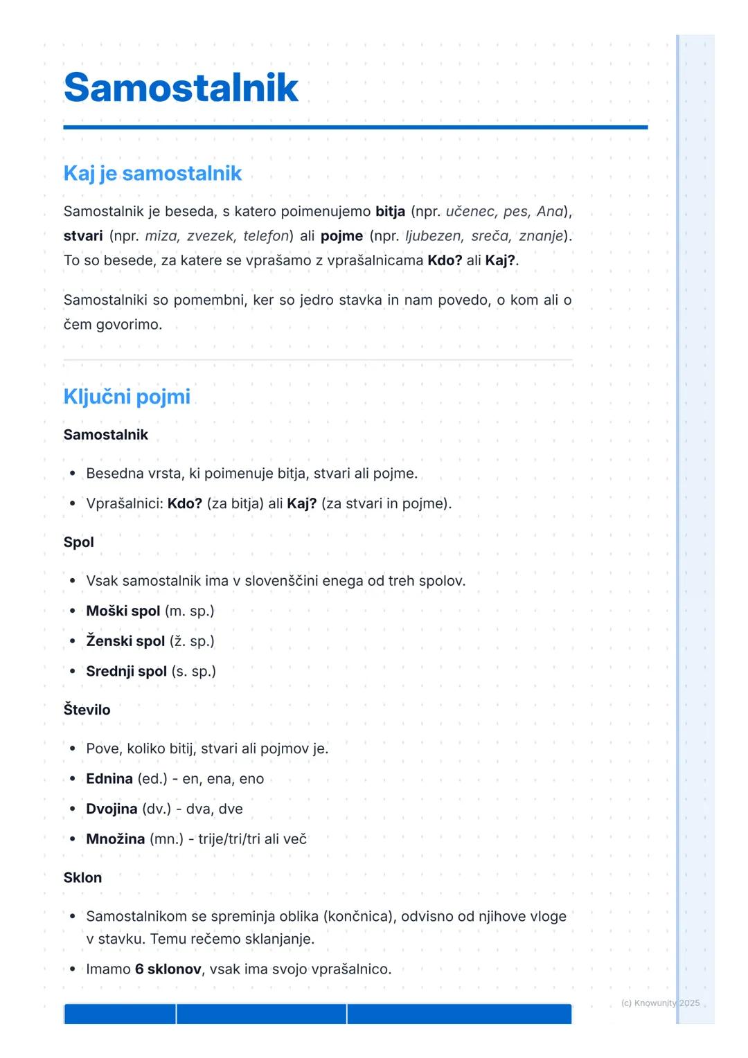 # Samostalnik
Kaj je samostalnik
Samostalnik je beseda, s katero poimenujemo bitja (npr. učenec, pes, Ana),
stvari (npr. miza, zvezek, tel