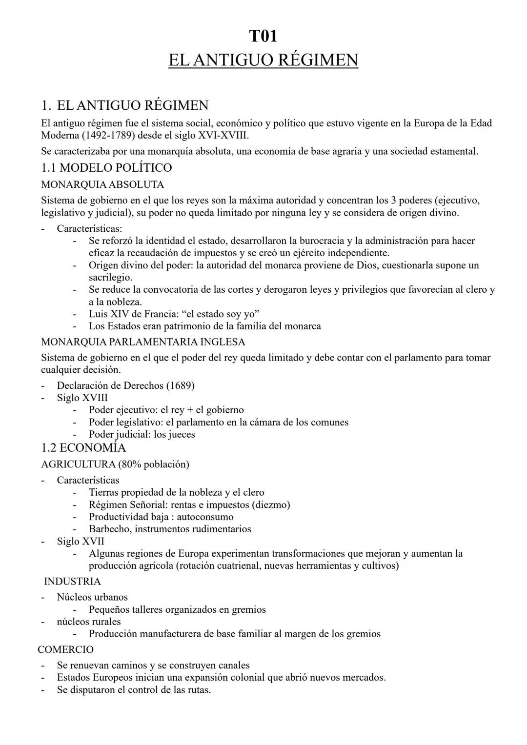 # T01
EL ANTIGUO RÉGIMEN
1. EL ANTIGUO RÉGIMEN
El antiguo régimen fue el sistema social, económico y político que estuvo vigente en la Eur