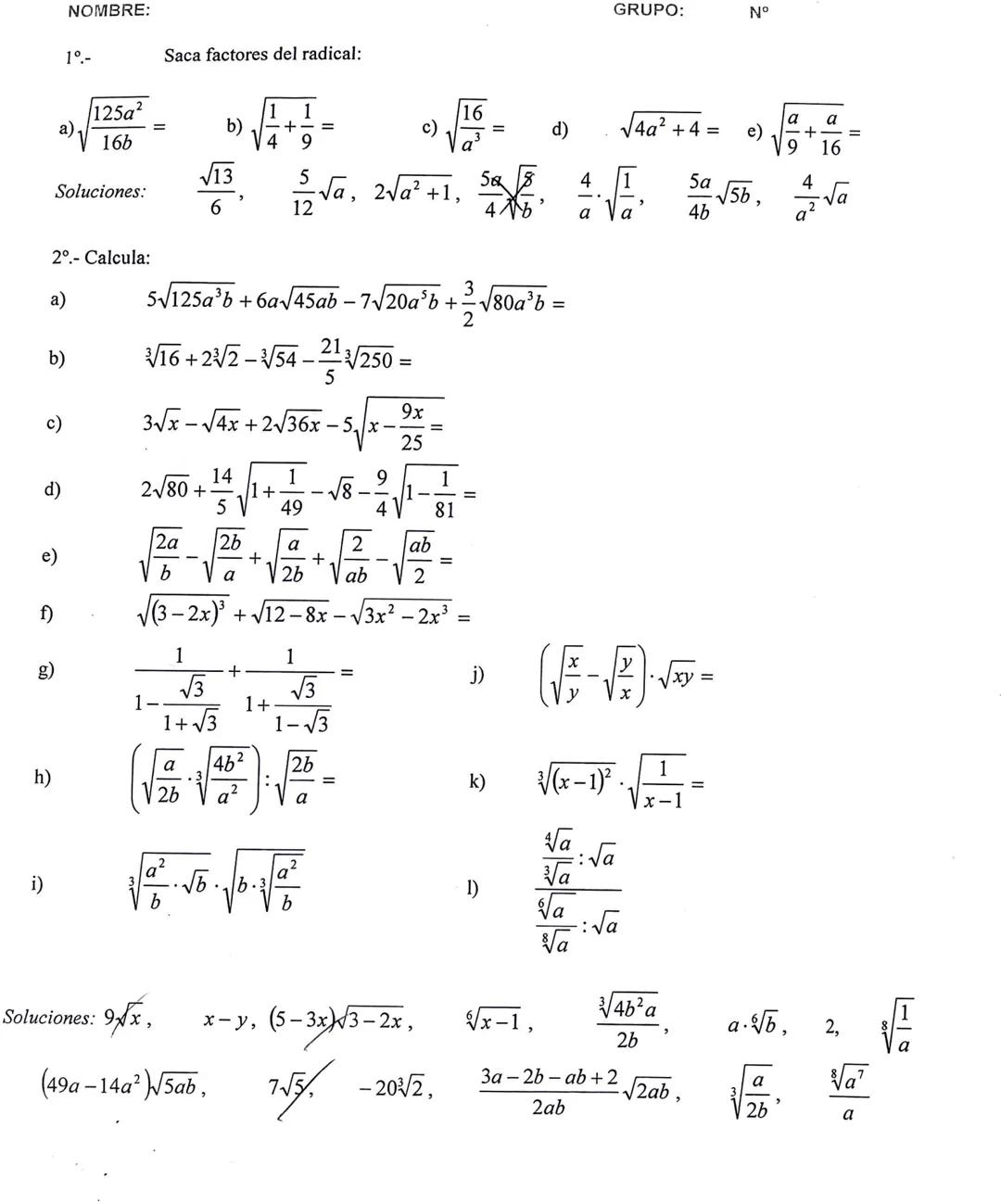 Ficha Con Soluciones Desordenadas de Radicales - Matemáticas