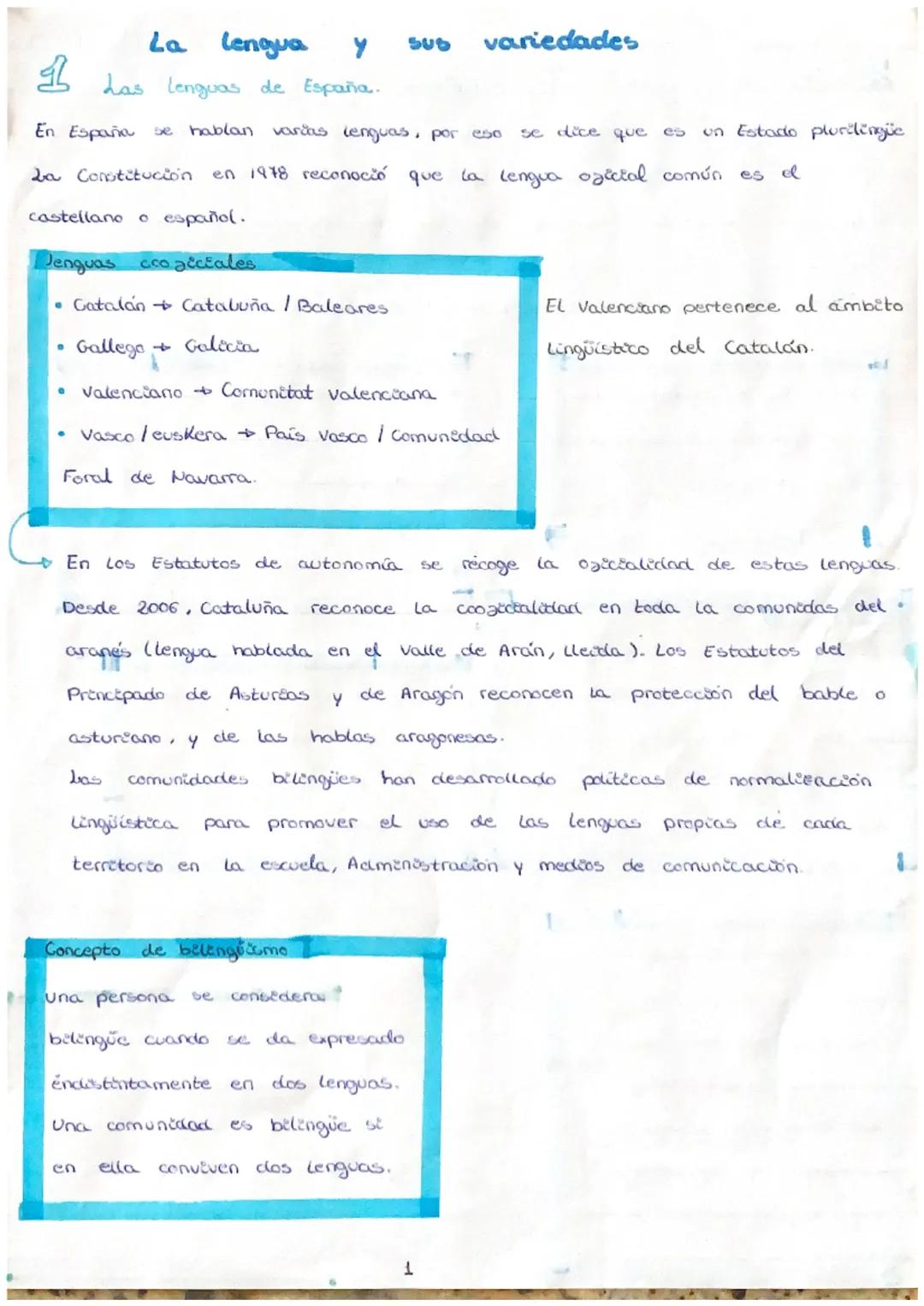La lengua
1 Las lenguas de España.
•
En España se
La Constitución en 1978 reconoció que la lengua oficial común es el
castellano o español.