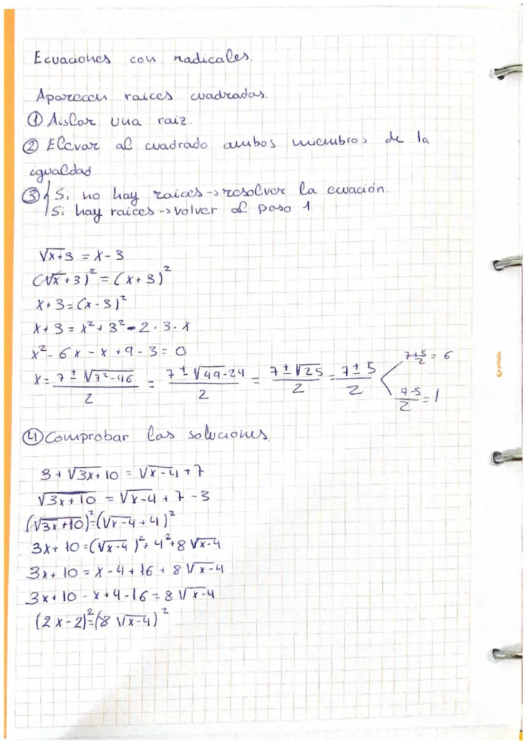 # Ecuaciones con radicales.
* Aparecen raíces cuadradas.
1. Aislar una raíz.
2. Elevar al cuadrado ambos miembros de la igualdad.
3.