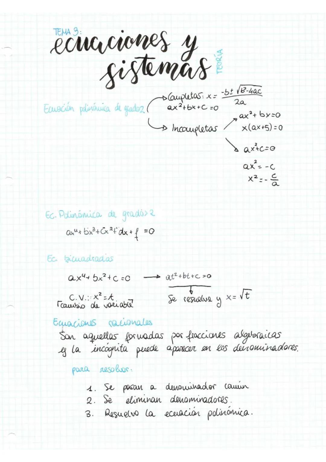 ecuaciones y
sistemas
Ecuación polinómica de grado 20
Ec. Polinómica de gradė> 2
Qx² + bx²³ + ²x²fdx + f = 0
Ec bicuadradas
Qx4 + 5x²+C =0
C