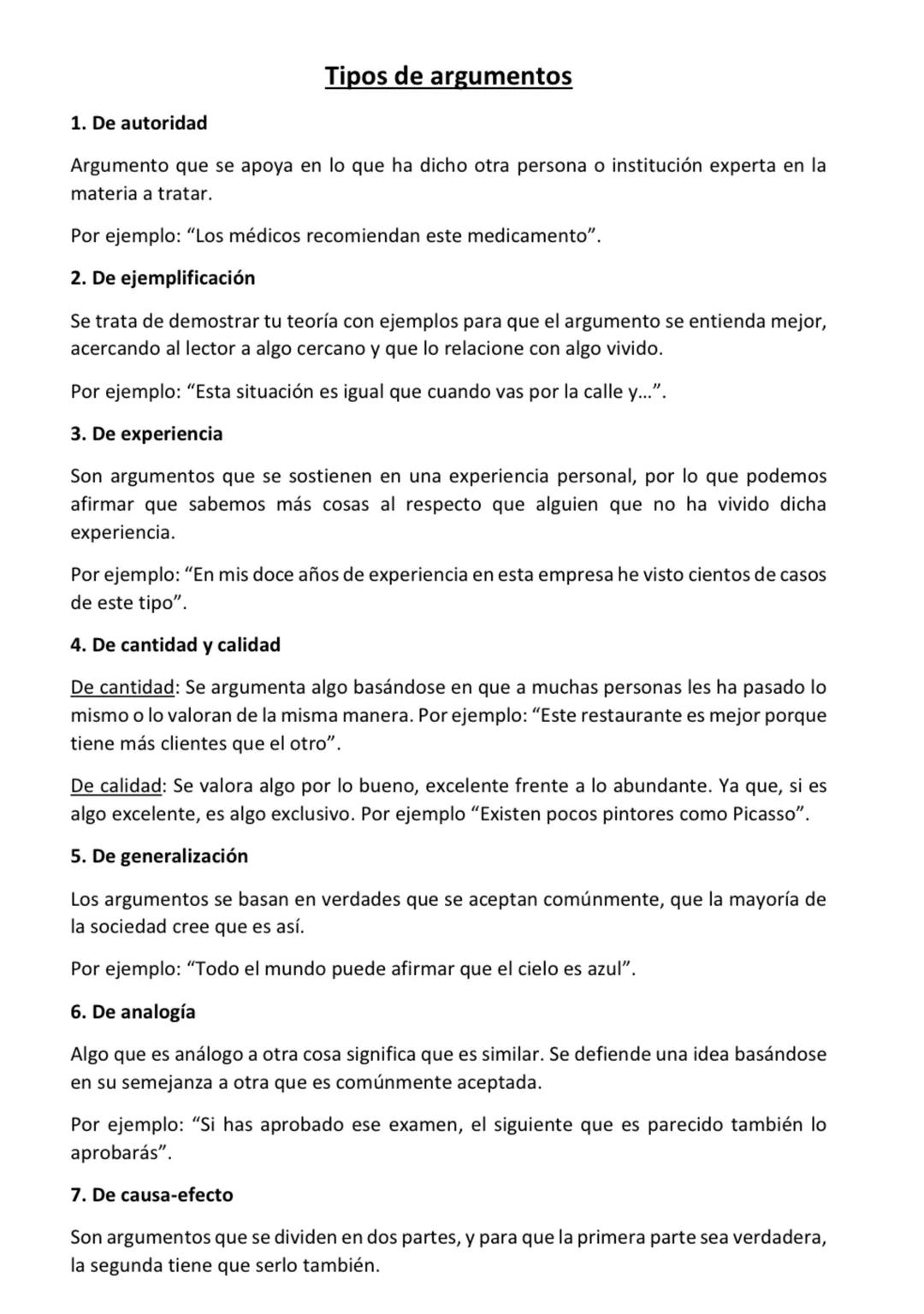 Tipos de argumentos
1. De autoridad
Argumento que se apoya en lo que ha dicho otra persona o institución experta en la
materia a tratar.
Por