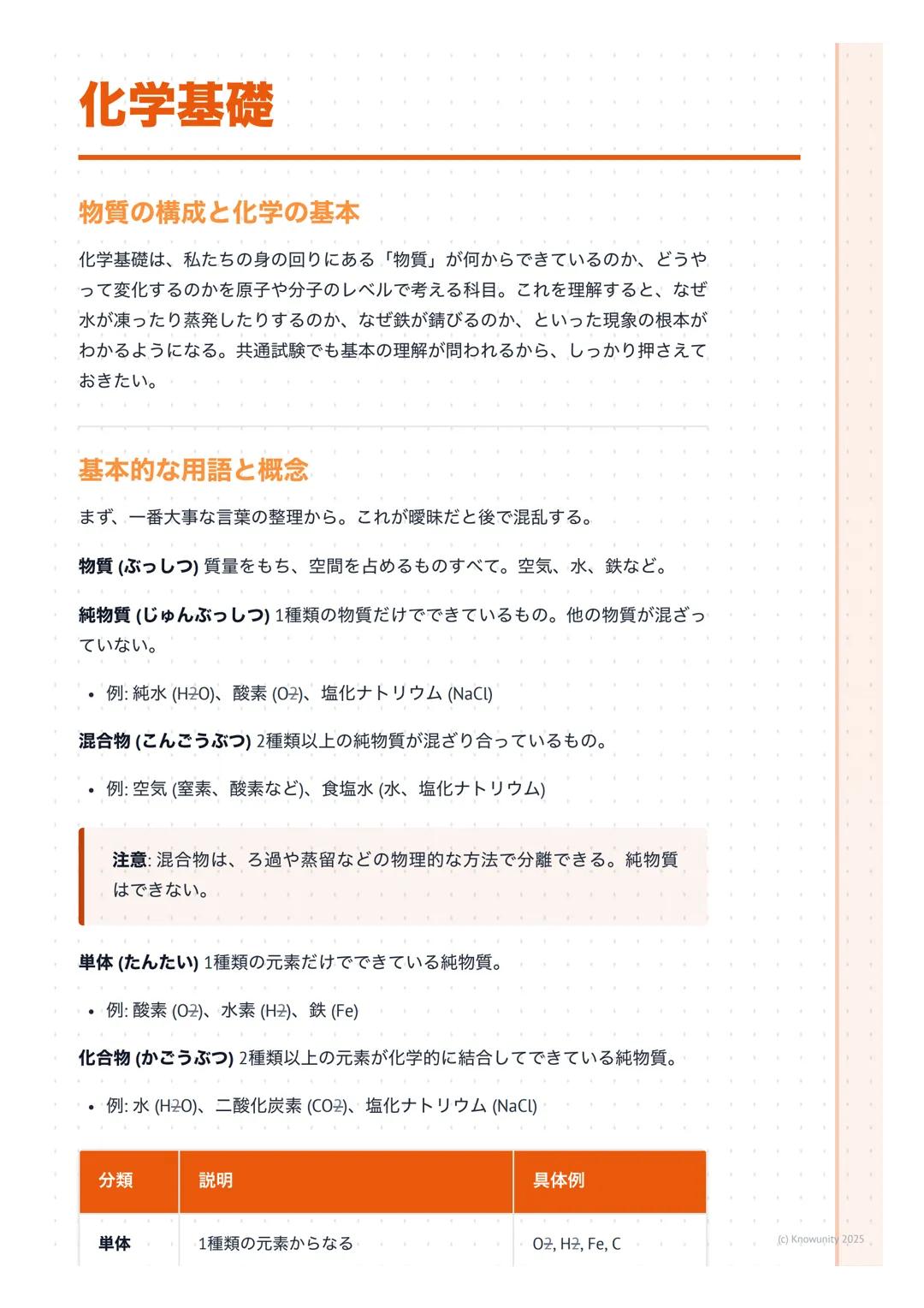 # 化学基礎
## 物質の構成と化学の基本
化学基礎は、私たちの身の回りにある「物質」が何からできているのか、どうや
って変化するのかを原子や分子のレベルで考える科目。これを理解すると、なぜ
水が凍ったり蒸発したりするのか、なぜ鉄が錆びるのか、といった現象の根本が
わかるよう