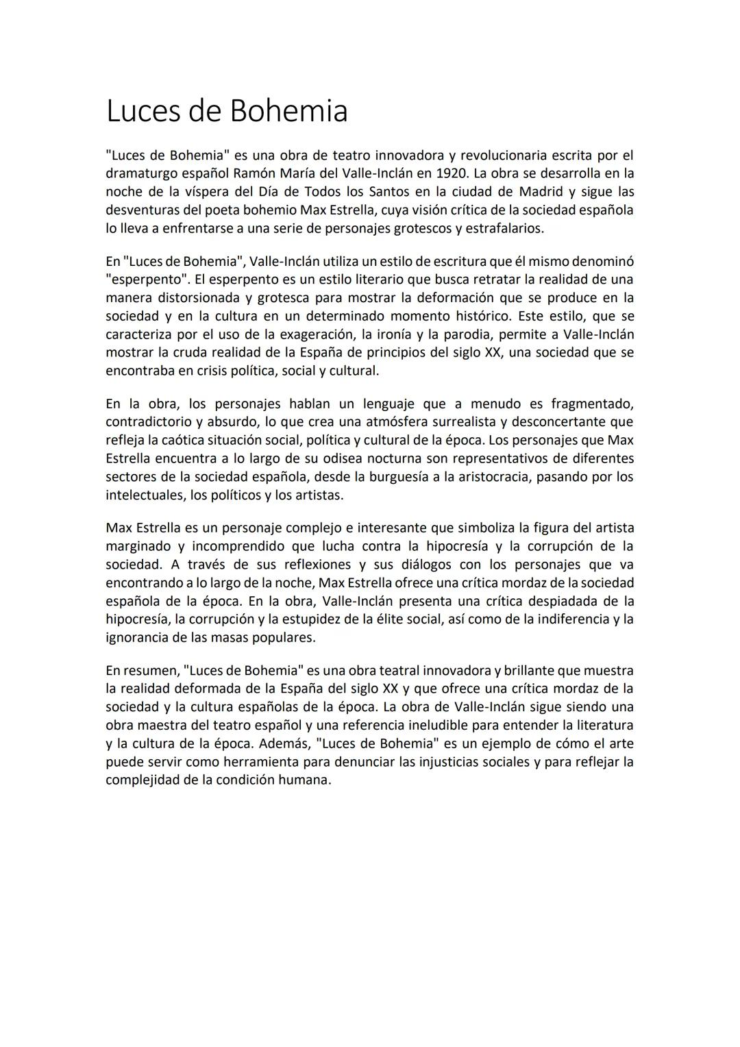 Luces de Bohemia
"Luces de Bohemia" es una obra de teatro innovadora y revolucionaria escrita por el
dramaturgo español Ramón María del Vall