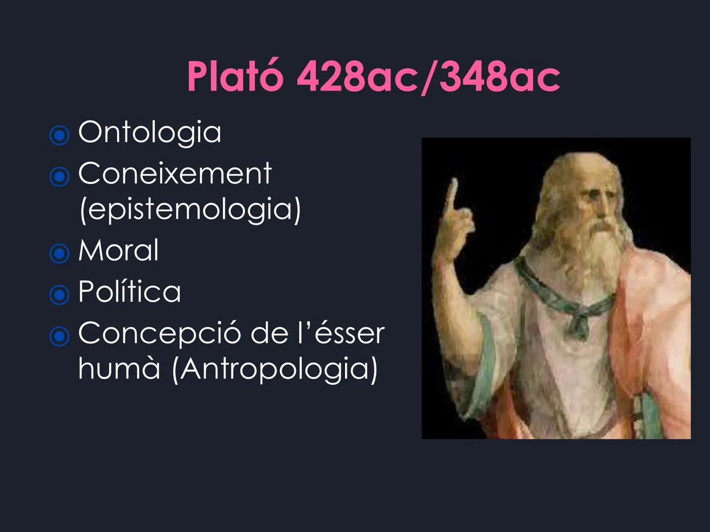 PLATÓ
Història de la filosofia.
1r trimestre. Presocràtics
Del mite al logos
S. VII/V ac
4 elements (aigua, terra, foc i aire)
Excepció: Dem