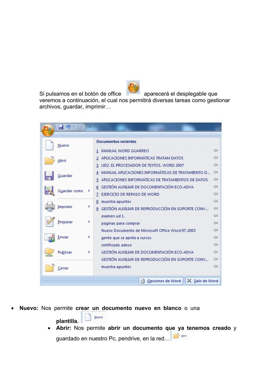 UNIDAD DIDÁCTICA 1. CONCEPTOS GENERALES Y
CARACTERÍSTICAS FUNDAMENTALES DEL PROGRAMA DE
TRATAMIENTO DE TEXTOS.
1. Entrada y salida del progr
