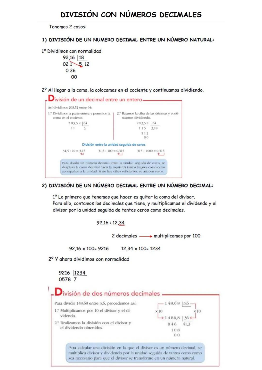 DIVISIÓN CON NÚMEROS DECIMALES
Tenemos 2 casos:
1) DIVISIÓN DE UN NUMERO DECIMAL ENTRE UN NÚMERO NATURAL:
1° Dividimos con normalidad
92,16