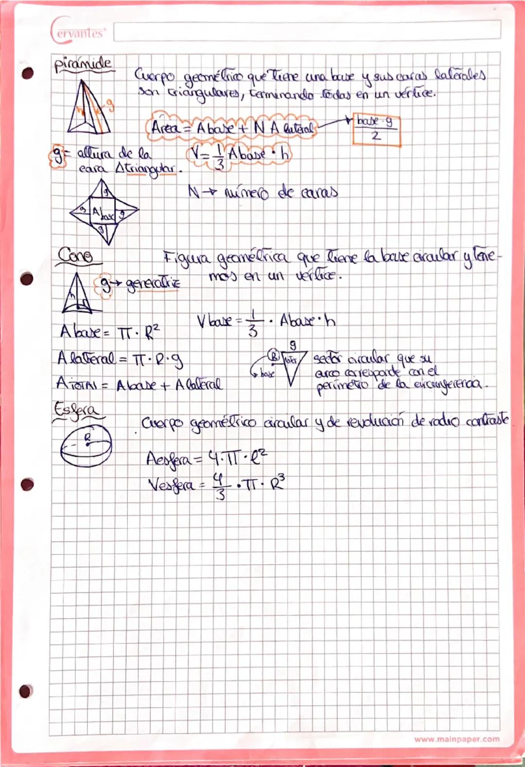 --- OCR Start ---
Cervantes
TEMAL: ÁREAS Y VOLUMENES
• Area figura planea.
6
cuadrado Lado x lado.
• rectangule
base x altera.
•Triángulo A