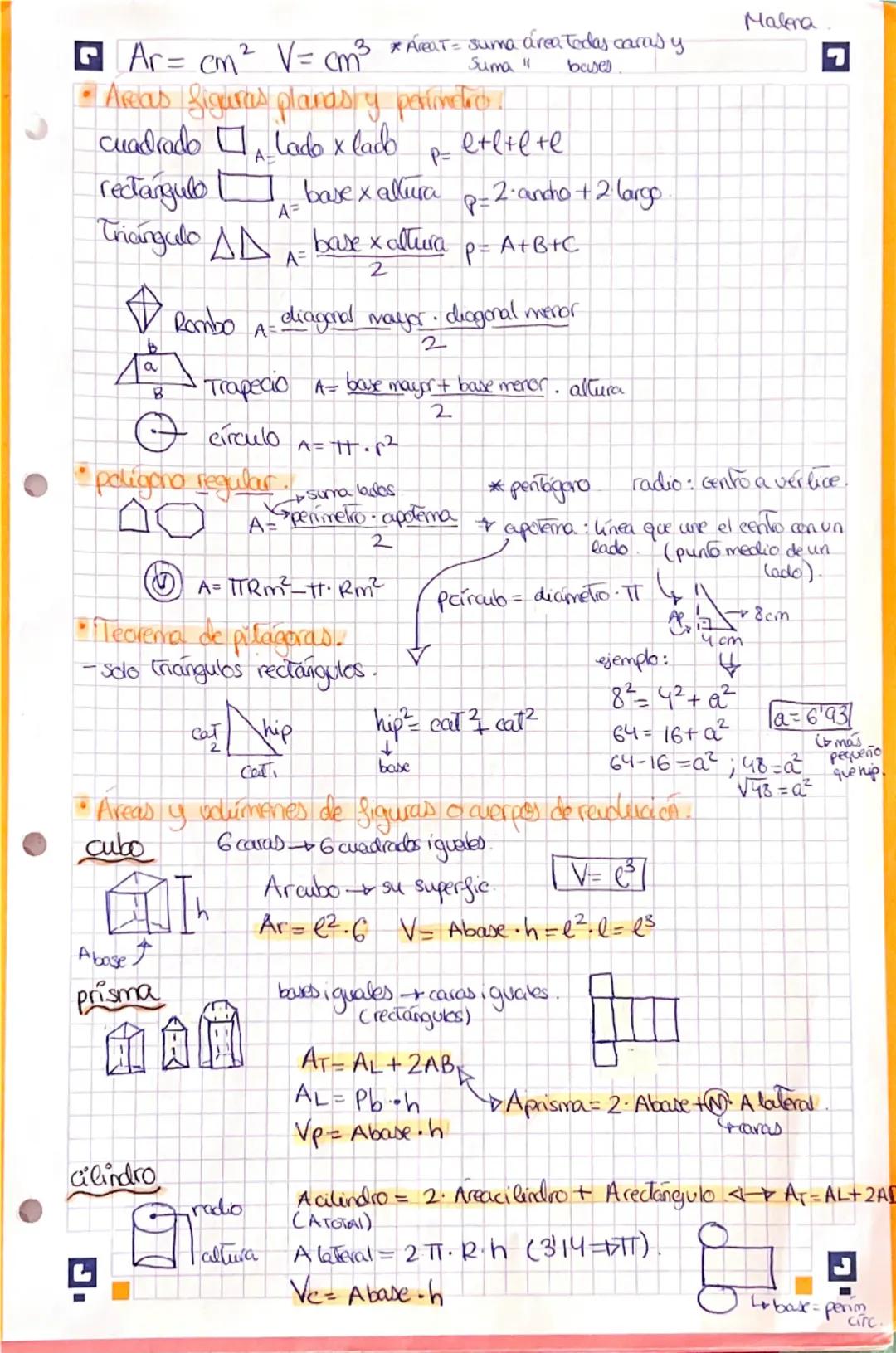 --- OCR Start ---
Cervantes
TEMAL: ÁREAS Y VOLUMENES
• Area figura planea.
6
cuadrado Lado x lado.
• rectangule
base x altera.
•Triángulo A