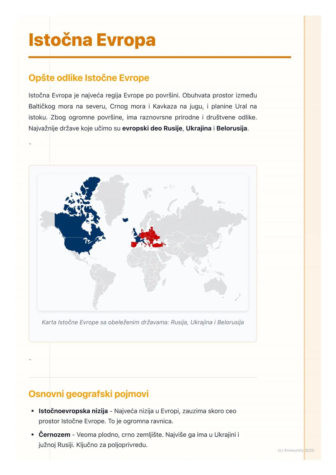 # Istočna Evropa
Opšte odlike Istočne Evrope
Istočna Evropa je najveća regija Evrope po površini. Obuhvata prostor između
Baltičkog mora n