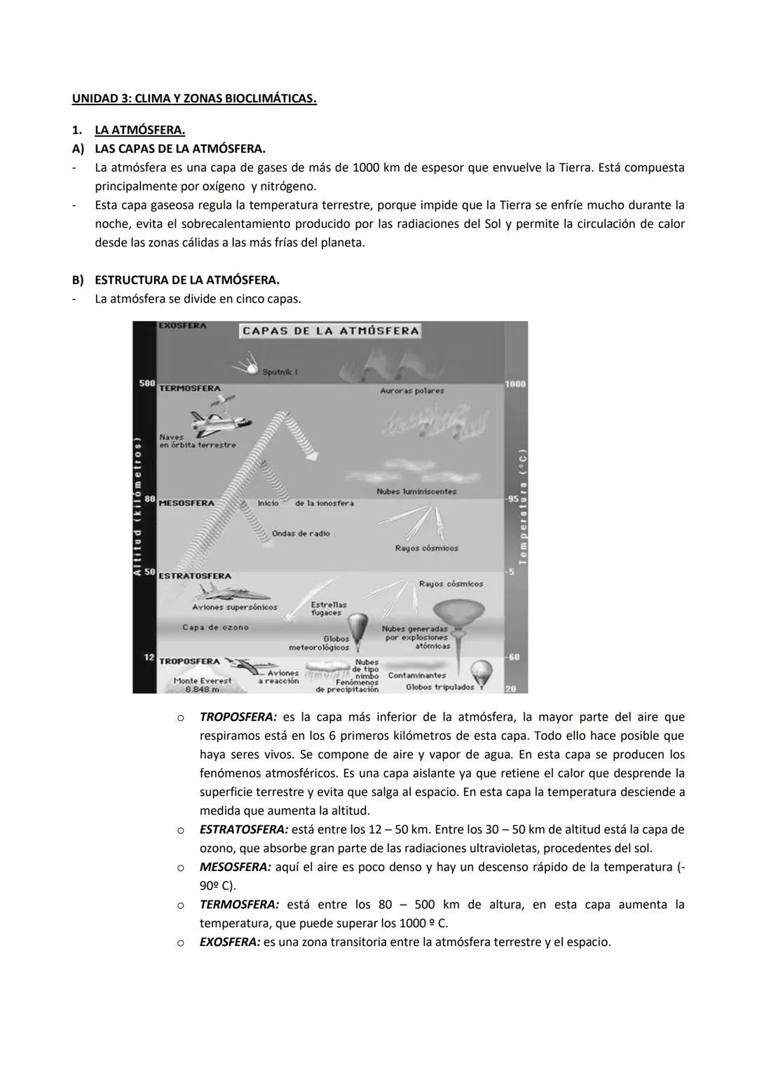 UNIDAD 3: CLIMA Y ZONAS BIOCLIMÁTICAS.
1. LA ATMÓSFERA.
A) LAS CAPAS DE LA ATMÓSFERA.
La atmósfera es una capa de gases de más de 1000 km de