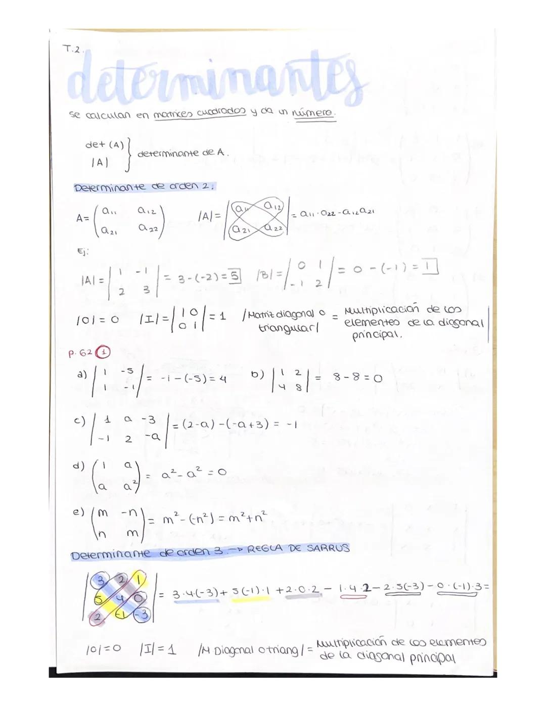 determinantes
se calculan en matrices cuadrados y da un número.
de+ (A)
JA)
Determinante de orden 2,
A=
an
Q21
101 = 0
P. 62
a)
9/3
-)
d)
|A