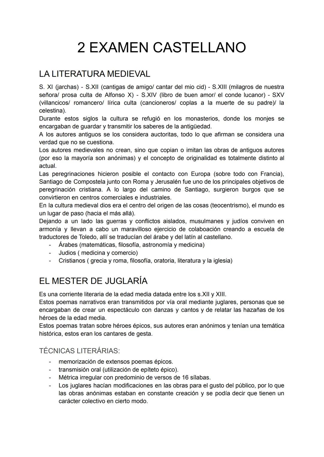 2 EXAMEN CASTELLANO
LA LITERATURA MEDIEVAL
S. XI (jarchas) - S.XII (cantigas de amigo/ cantar del mio cid) - S.XIII (milagros de nuestra
señ