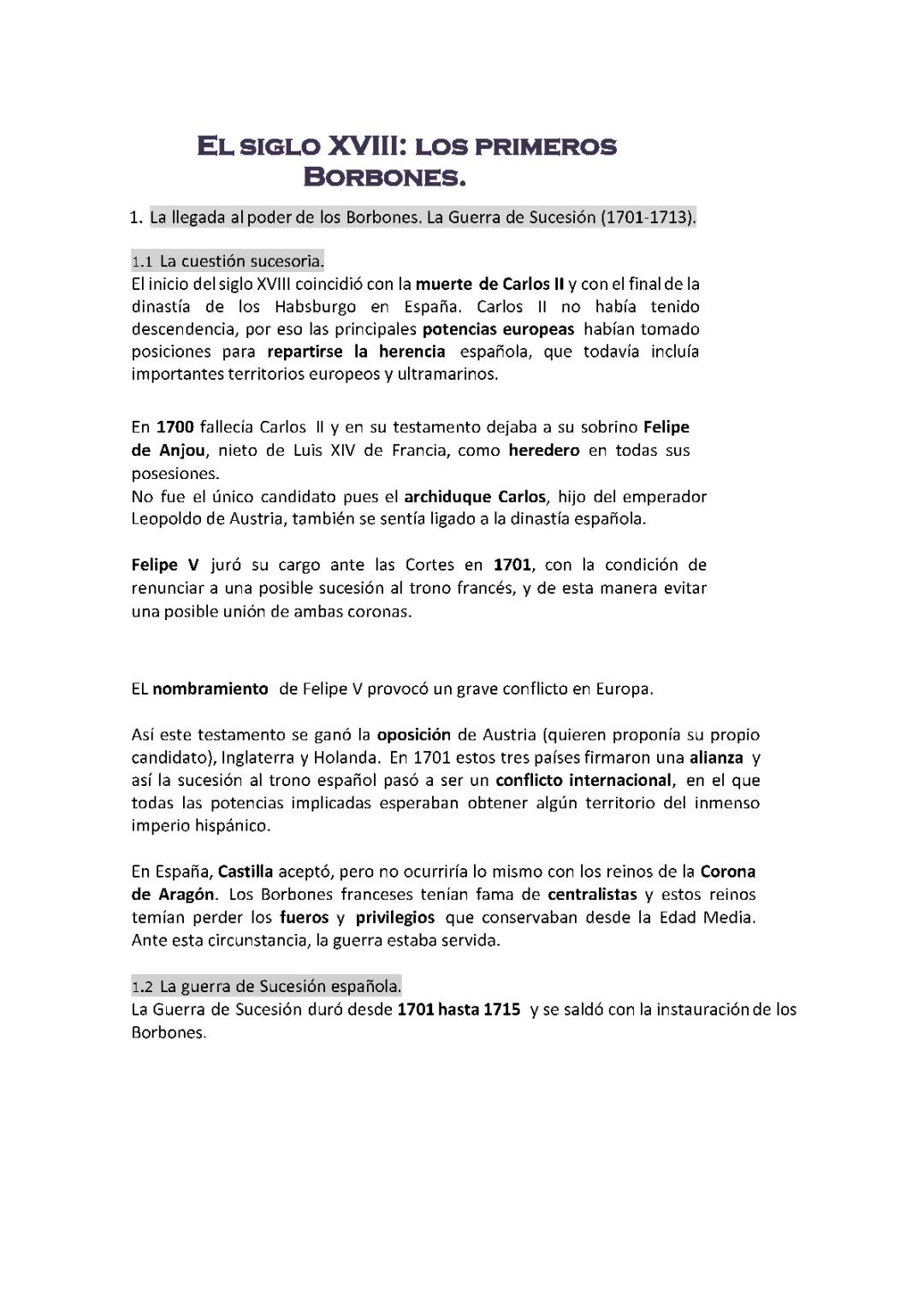 El siglo XVIII: los primeros Borbones.