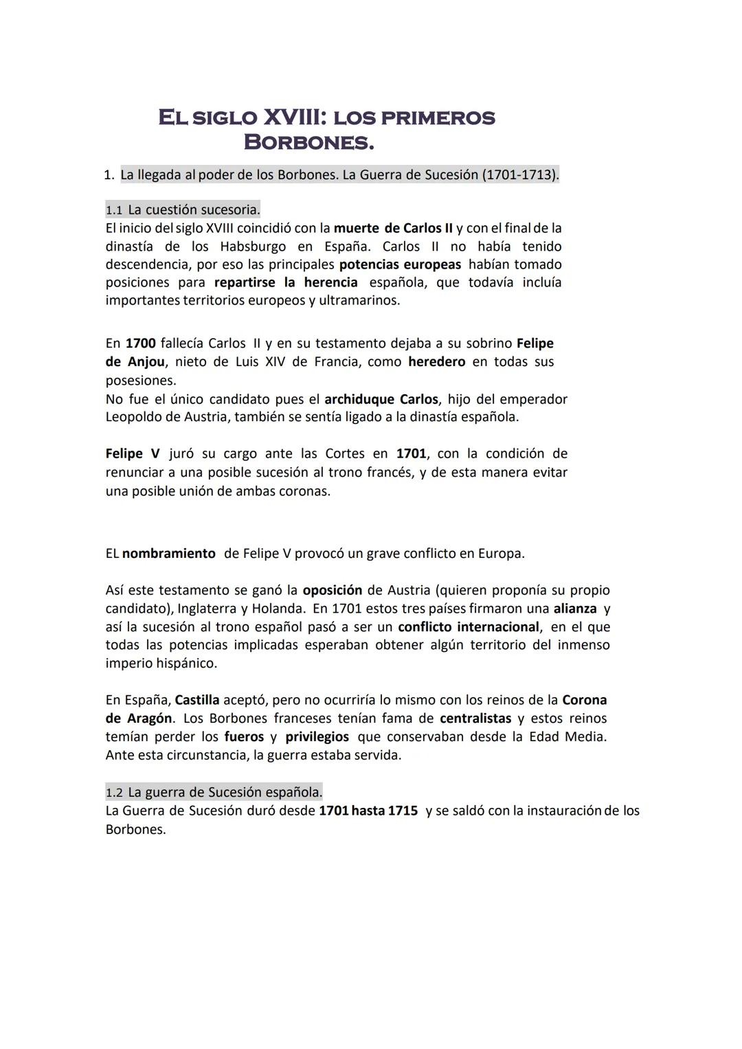 EL SIGLO XVIII: LOS PRIMEROS
BORBONES.
1. La llegada al poder de los Borbones. La Guerra de Sucesión (1701-1713).
1.1 La cuestión sucesoria.