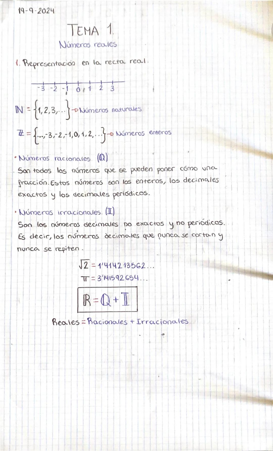19-9-2024
TEMA 1
Números reales
1. Representación en la recta real.
-3-2-10123
IN
v = {1, 2, 3,... - Números
úmeros naturales
丑
- Números en