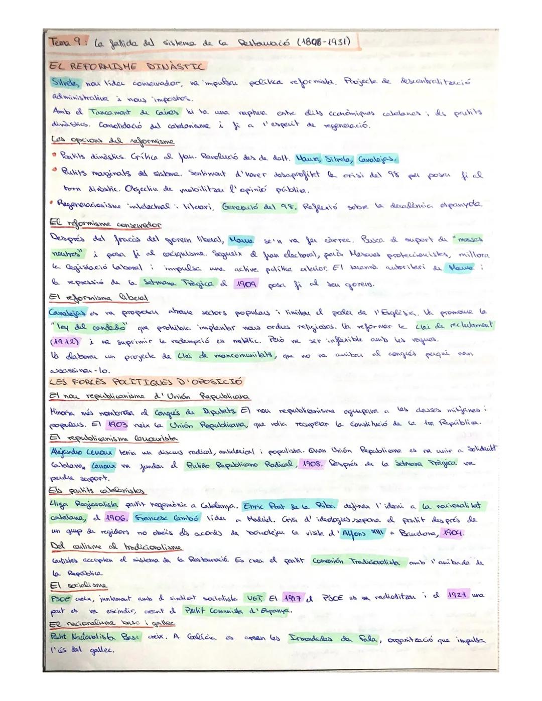 Tema 9: La fallida del sistema de la Restawació (1898-1931)
EL REFORMISME DINASTIC
Silvele, nou lider conservador, va impulsar política refo