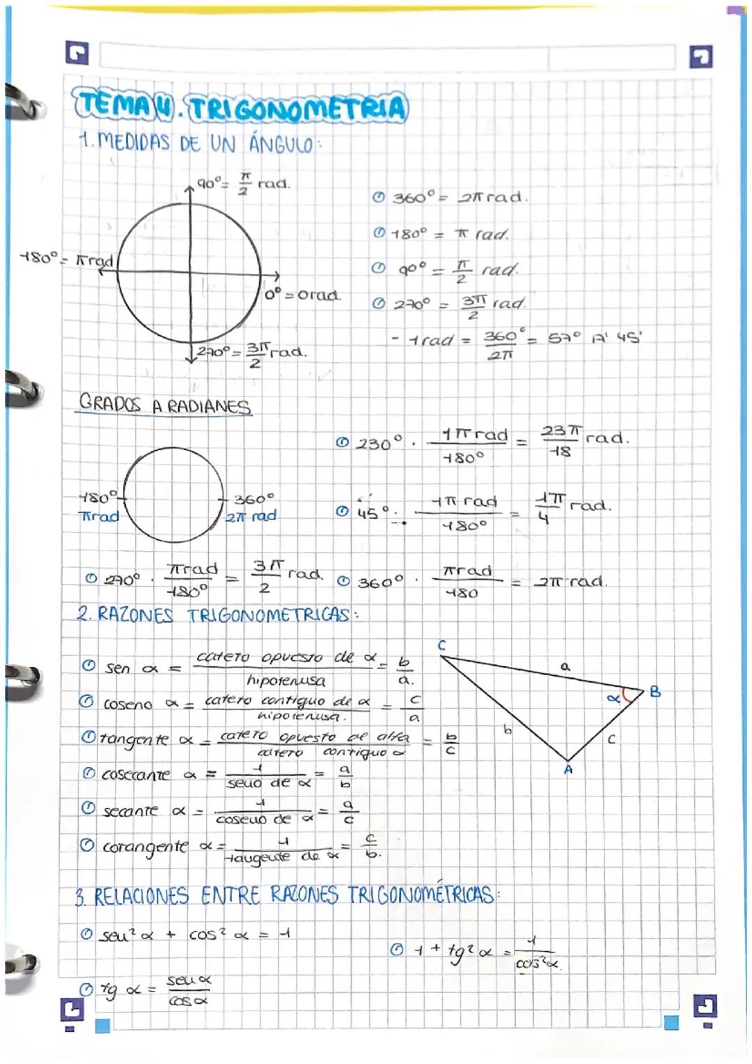 TEMAU. TRIGONOMETRIA
1. MEDIDAS DE UN ÁNGULO:
480°= Frad
480°
Tirad
0 270⁰
2. RAZONES
sen a
GRADOS A RADIANES
90°
L
Ⓒcorangente
Ⓒtg x
230⁰=