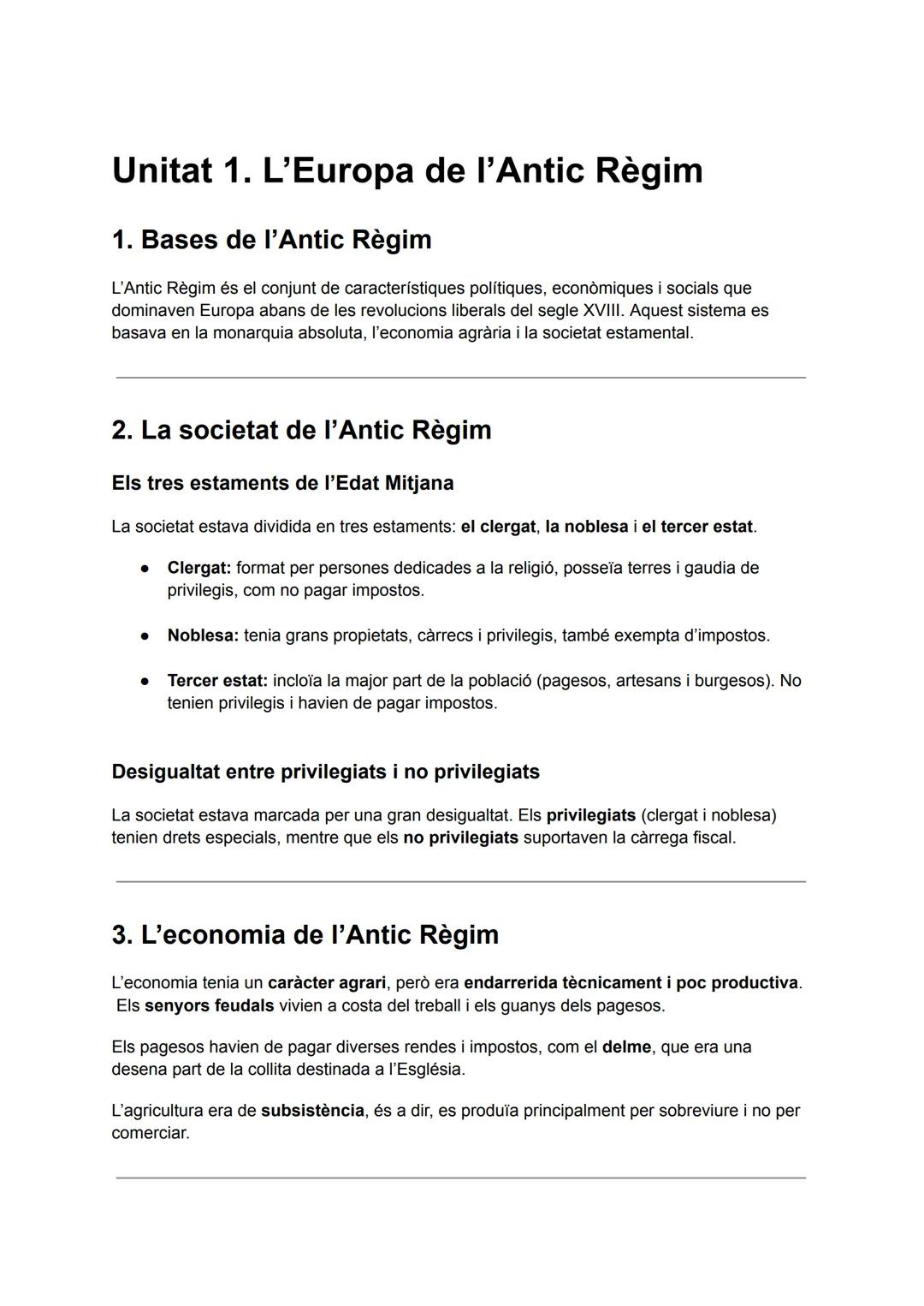 # Unitat 1. L'Europa de l'Antic Règim
## 1. Bases de l'Antic Règim
L'Antic Règim és el conjunt de característiques polítiques, econòmiques