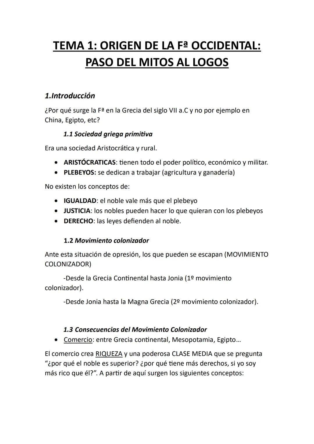 # TEMA 1: ORIGEN DE LA Fª OCCIDENTAL:
## PASO DEL MITOS AL LOGOS
1.Introducción
¿Por qué surge la Fª en la Grecia del siglo VII a.C y no p