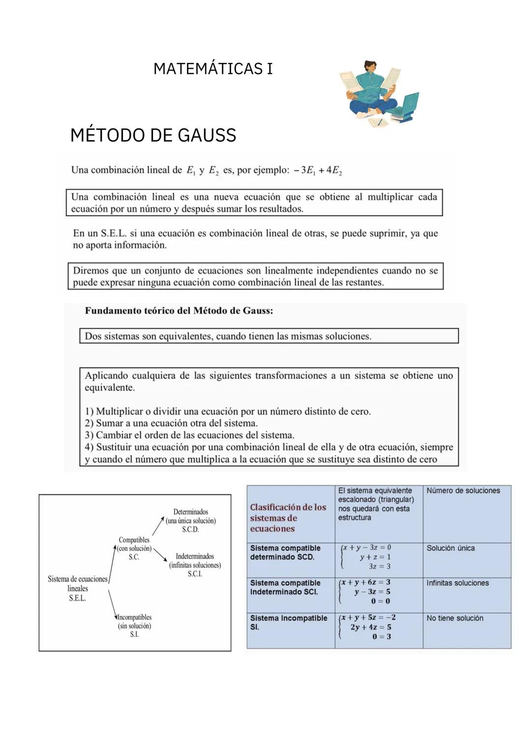 MATEMÁTICAS I
MÉTODO DE GAUSS
Una combinación lineal de E, y E, es, por ejemplo: -3E₁ +4E2
Una combinación lineal es una nueva ecuación que