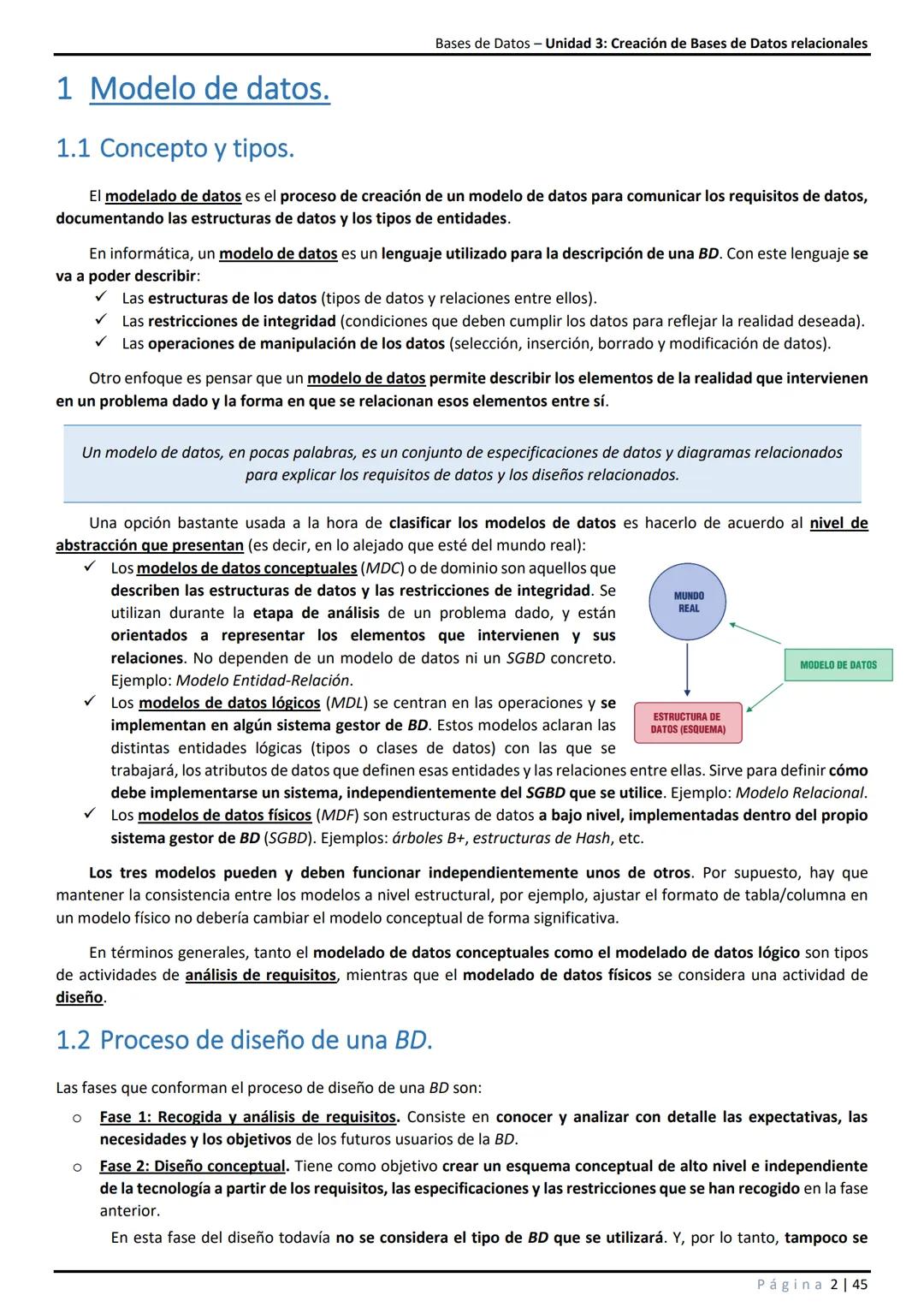 Unidad 3: Creación de Bases de Datos relacionales
Índice de contenidos
Modelo de datos.
1.1 Concepto y tipos.
1.2 Proceso de diseño de una B