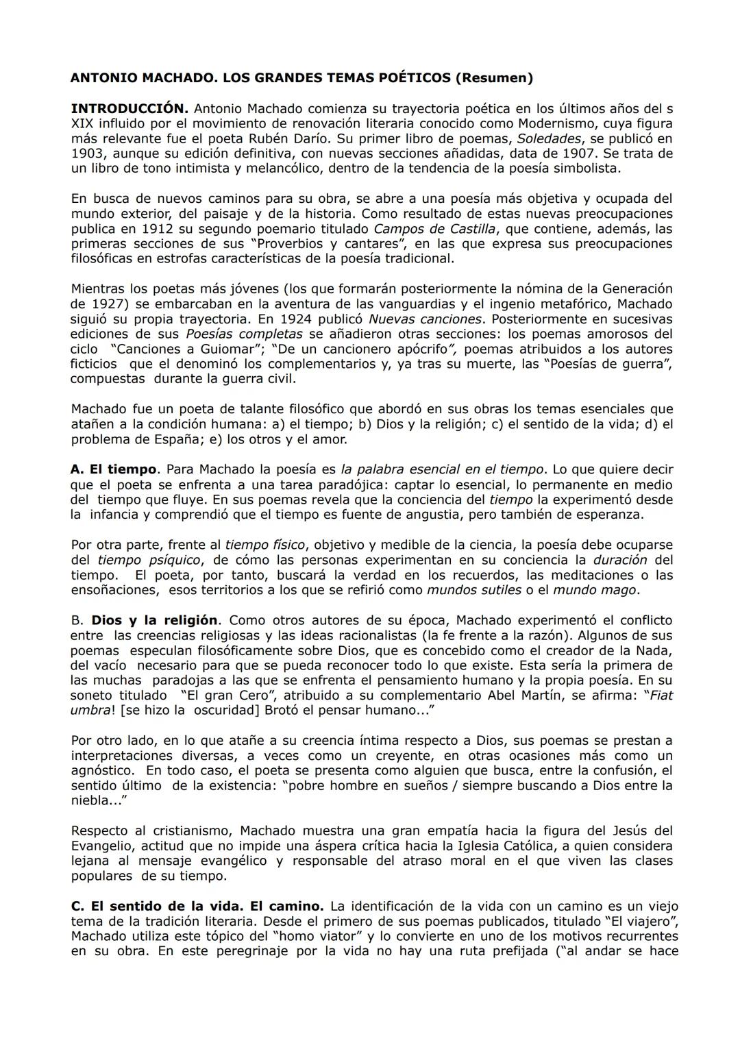 ANTONIO MACHADO. LOS GRANDES TEMAS POÉTICOS (Resumen)
INTRODUCCIÓN. Antonio Machado comienza su trayectoria poética en los últimos años del