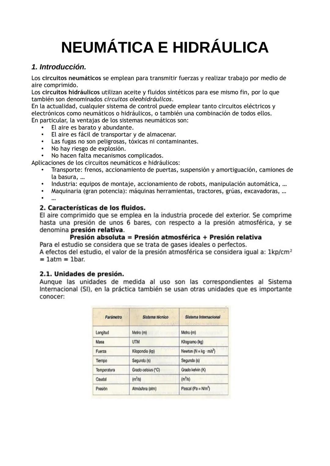 NEUMÁTICA E HIDRÁULICA
1. Introducción.
Los circuitos neumáticos se emplean para transmitir fuerzas y realizar trabajo por medio de
aire com