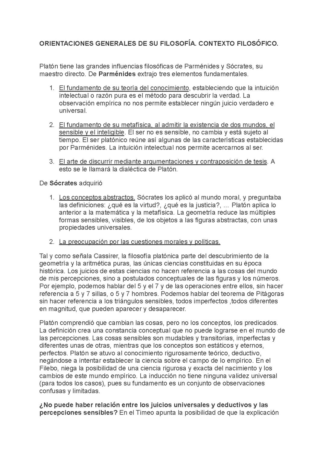 (Platon) ORIENTACIONES GENERALES DE SU FILOSOFÍA.
