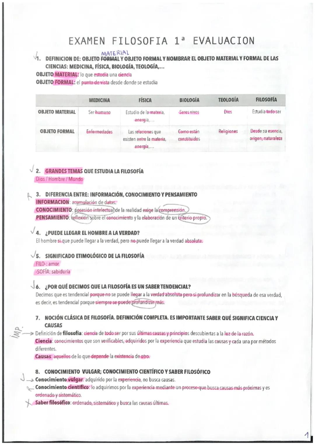 EXAMEN FILOSOFIA 1ª EVALUACION
MATERIAL
Ja. DEFINICION DE: OBJETO FORMAL Y OBJETO FORMAL Y NOMBRAR EL OBJETO MATERIAL Y FORMAL DE LAS
CIENCI