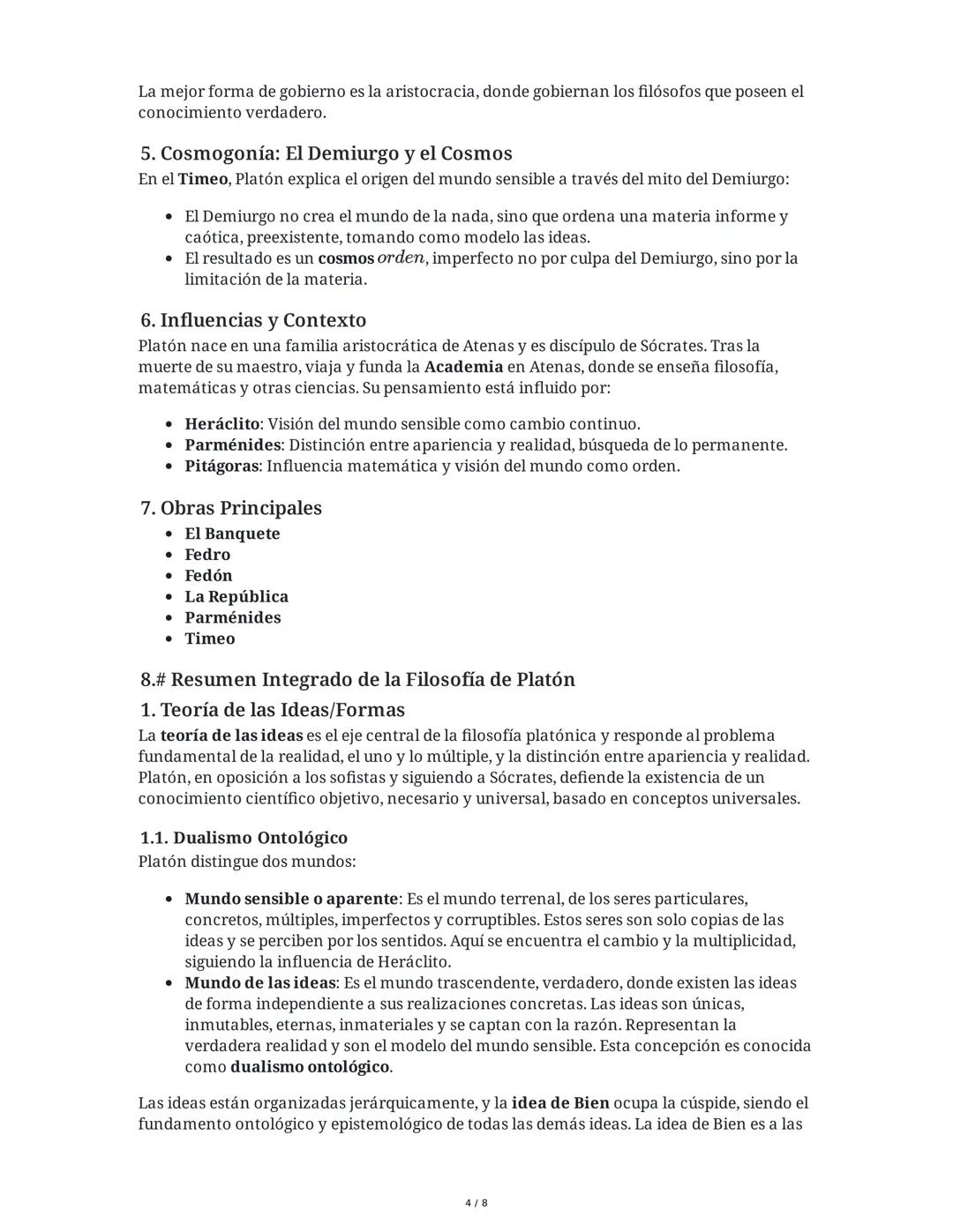 Resumen Integrado de la Filosofía de Platón
1. Teoría de las Ideas/Formas
La teoría de las ideas es el eje central de la filosofía platónica