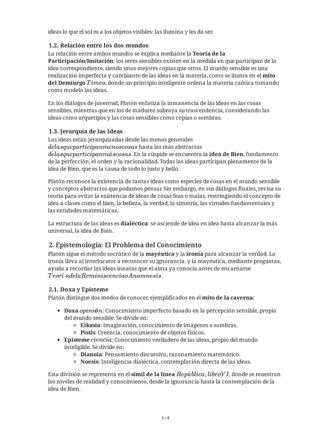 Resumen Integrado de la Filosofía de Platón
1. Teoría de las Ideas/Formas
La teoría de las ideas es el eje central de la filosofía platónica