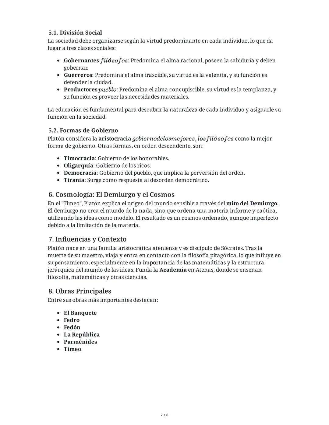 Resumen Integrado de la Filosofía de Platón
1. Teoría de las Ideas/Formas
La teoría de las ideas es el eje central de la filosofía platónica