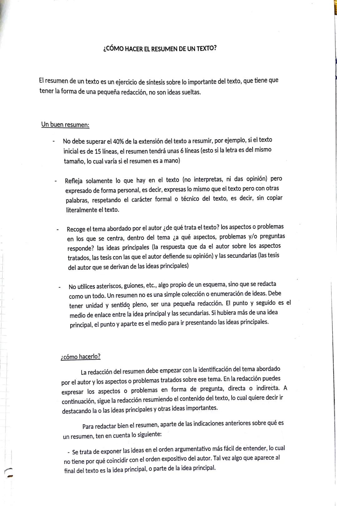 # ¿CÓMO HACER EL RESUMEN DE UN TEXTO?
El resumen de un texto es un ejercicio de síntesis sobre lo importante del texto, que tiene que
tener