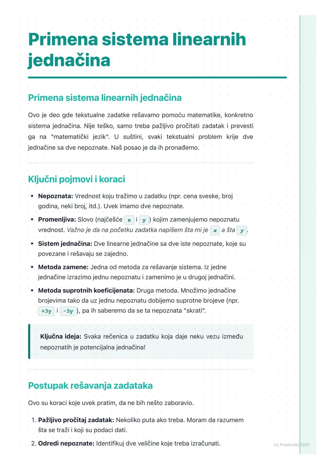 # Primena sistema linearnih
jednačina
Primena sistema linearnih jednačina
Ovo je deo gde tekstualne zadatke rešavamo pomoću matematike, ko