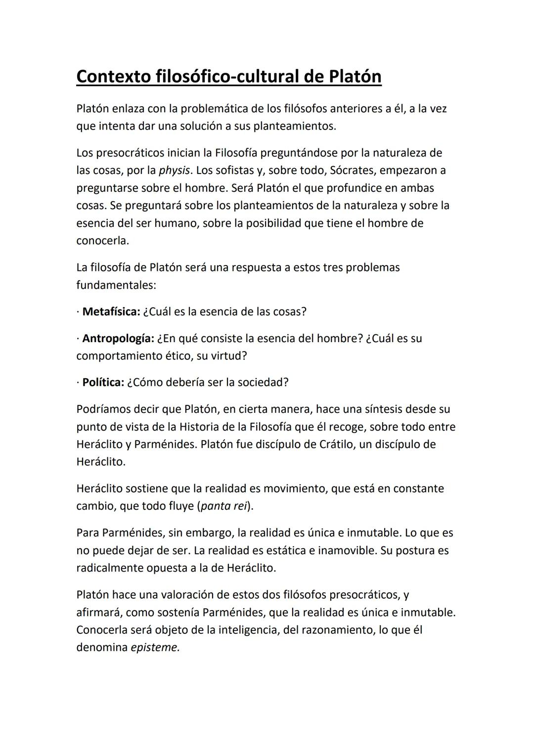 Contexto filosófico-cultural de Platón
Platón enlaza con la problemática de los filósofos anteriores a él, a la vez
que intenta dar una solu