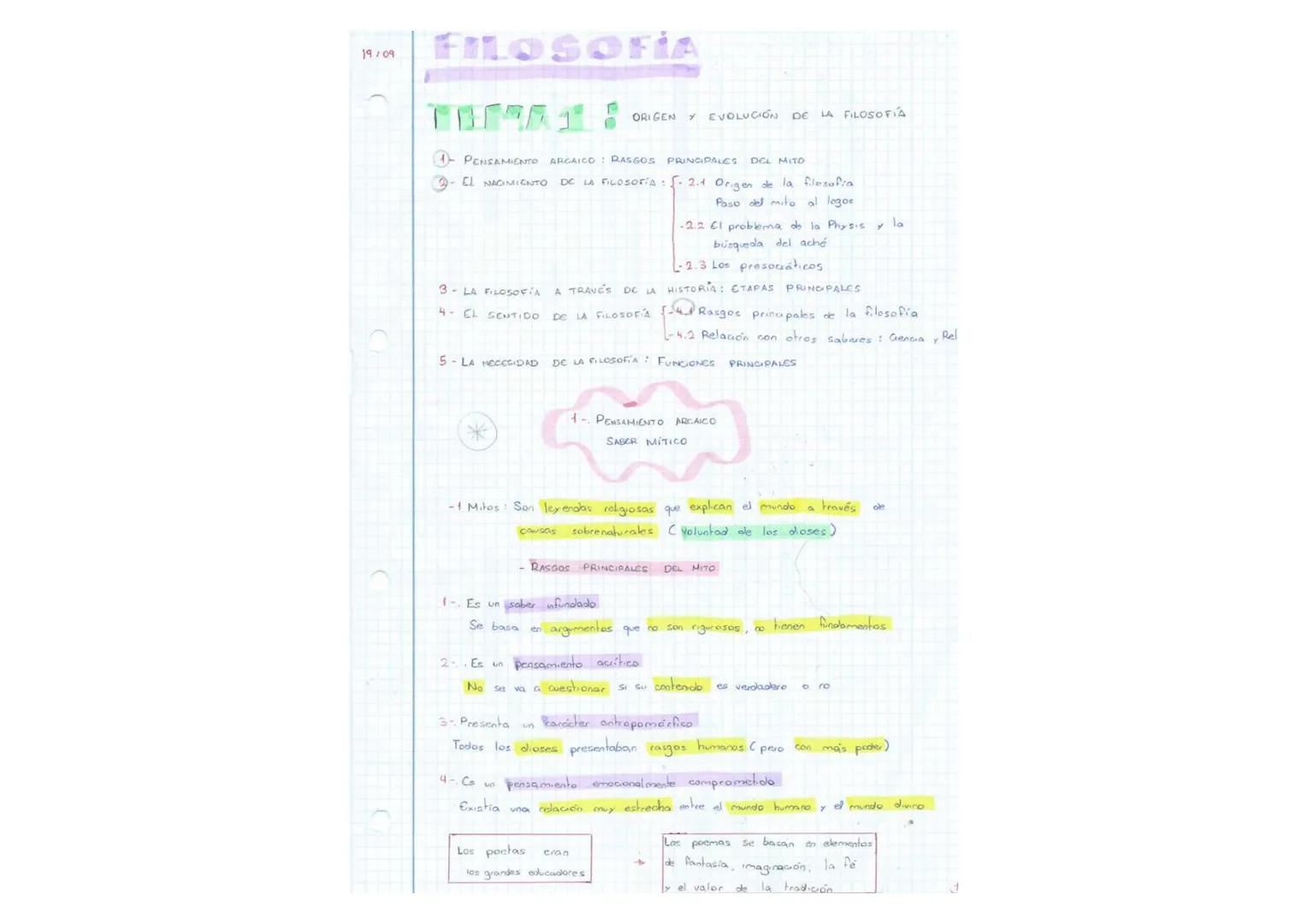 19/09
FILOSOFIA
ORIGEN
Y EVOLUCIÓN DE LA FILOSOFIA
1- PENSAMIENTO
9
EL NACIMIENTO
ARCAICO
RASGOS
PRINCIPALES DEL MITO
DE LA FILOSOFIA: f. 2.