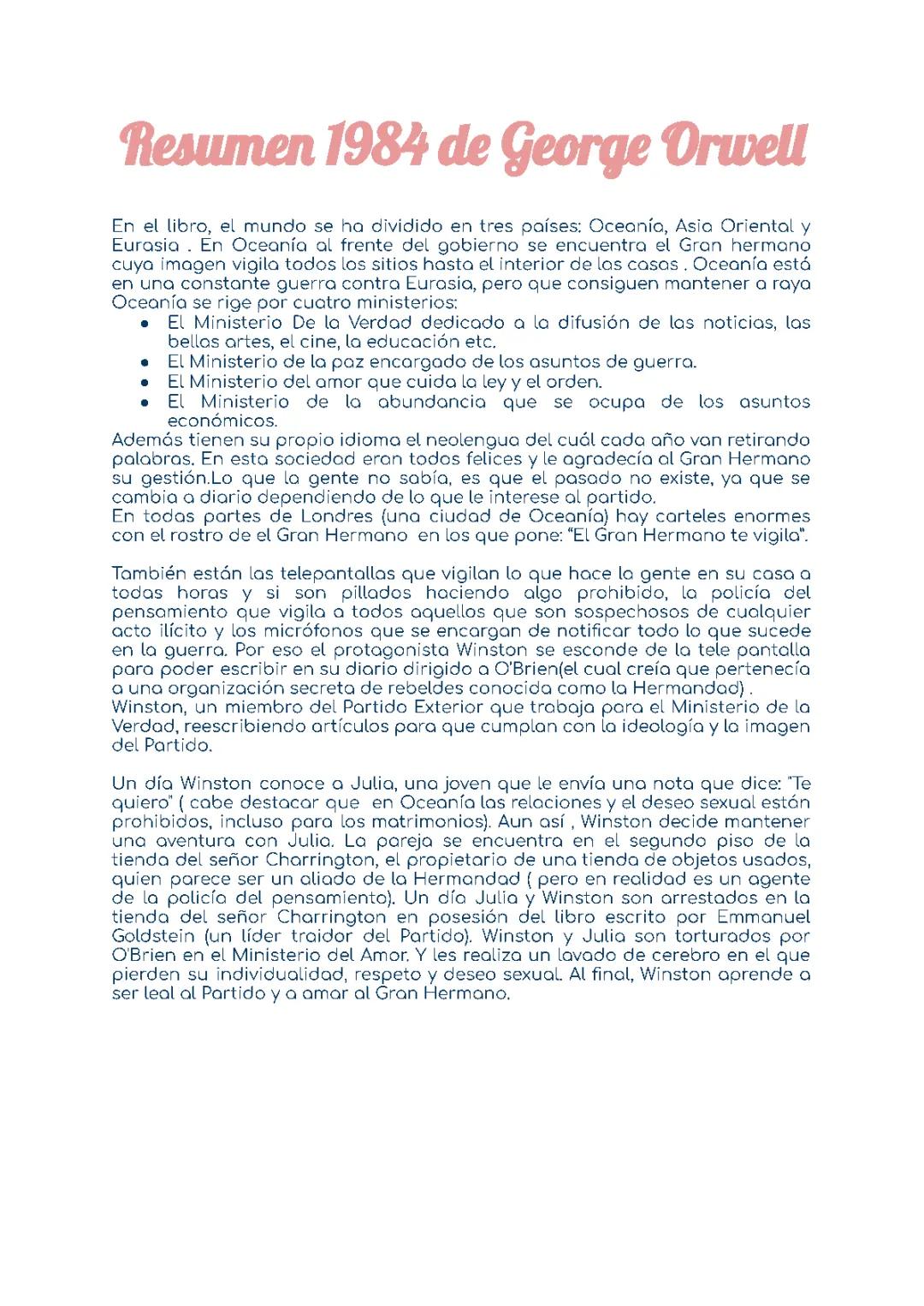 Resumen Libro 1984 de George Orwell