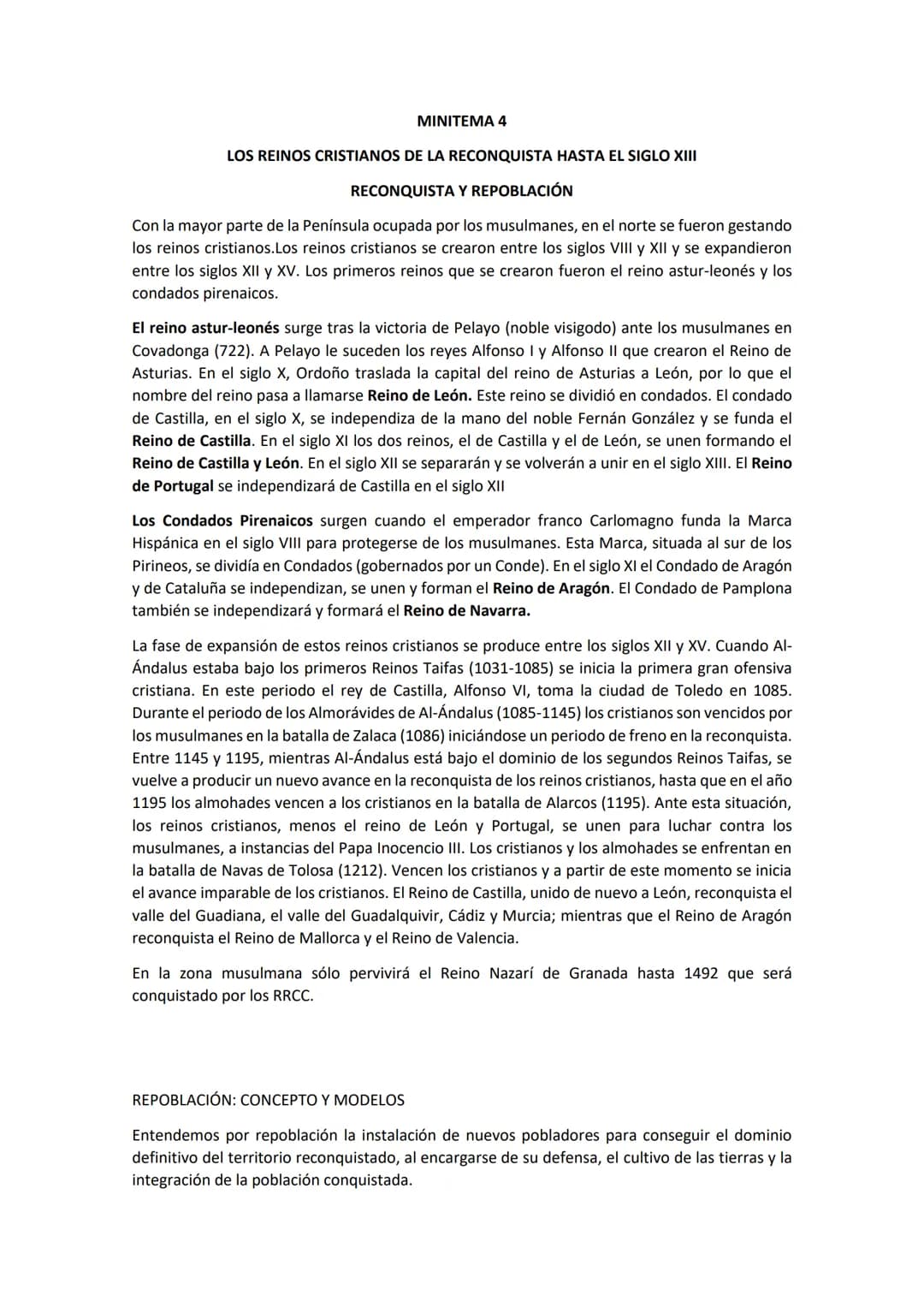 # MINITEMA 4
LOS REINOS CRISTIANOS DE LA RECONQUISTA HASTA EL SIGLO XIII
RECONQUISTA Y REPOBLACIÓN
Con la mayor parte de la Península ocu