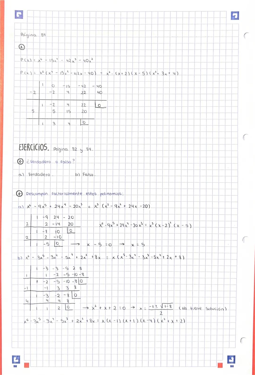 Página 84
€
P(X) = x² - 15x" - 42x³ - 40x2
P(x) = x² (x - 15x²-42x-40)
2
-
5
ON
-2
T
25
15
ч
وي
x²-(x+2)(x-5) (x² + 3x + 4)
-42 140
22
༡༣
40