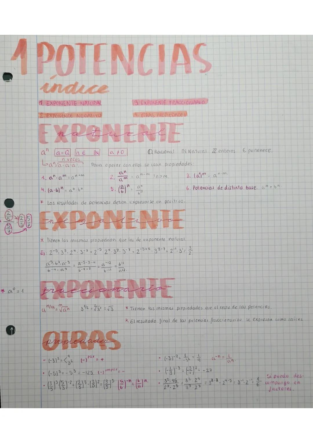 A POTENCIAS
*a = 1
indice
↑
1 EXPONENTE NATURAL
2. EXPONENTE NEGATIVO
EXPONENTE
[a=Qne
n veces
·aa a a
Lano
1. an.amantm
4. (a.6)" = a^.6"
u